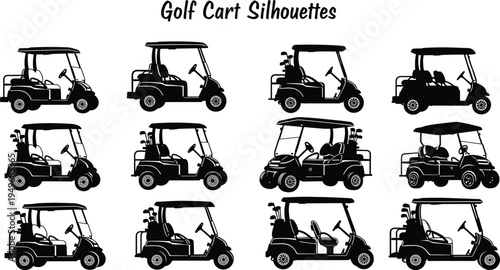 Golf cart silhouettes collection showing different golf buggy vehicles with golf bags isolated on white background transportation sport vehicle vector illustration set