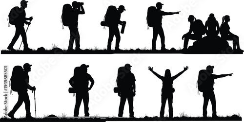 Hiker and backpacker silhouettes hiking in mountains, trekking people with backpacks resting, walking and exploring nature, outdoor adventure travel illustration isolated on white background