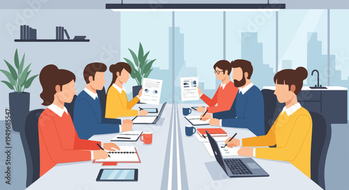 A group of professionals holds a meeting in a modern office, collaborating with documents, laptops, and tablets around a long table.