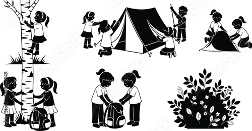 Kids camping and outdoor activity silhouette set, children setting up tent, climbing tree, packing backpack and exploring nature, adventure learning illustration isolated vector