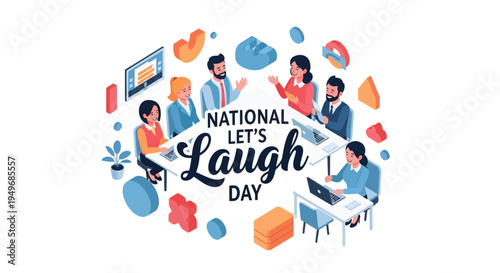 Illustration design for National Let's Laugh Day with colorful graphics and people laughing in a playful, joyful scene.