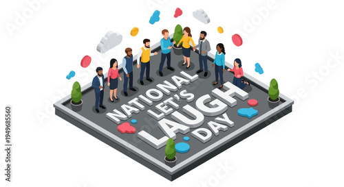 Isometric illustration of a diverse group of people celebrating National Let's Laugh Day with colorful confetti and balloons on a gray platform.