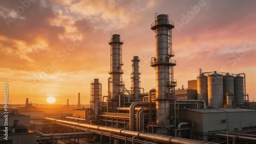 Industrial refinery plant at sunset oil and gas processing facility with pipelines and storage tanks energy production infrastructure manufacturing and heavy industry landscape