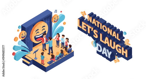 Isometric illustration of people celebrating National Let's Laugh Day with a laughing emoticon and confetti on a colorful design.