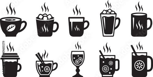 Variety of coffee and tea cups icons in black