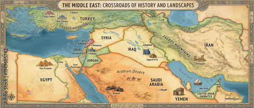 Map of the Middle East showing historical sites, countries, and geographical features