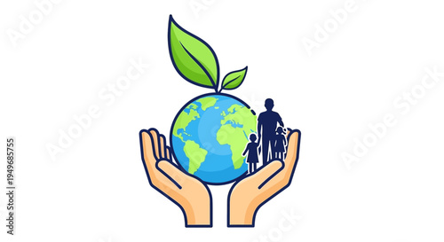 Hands holding globe with family and plant representing environmental care