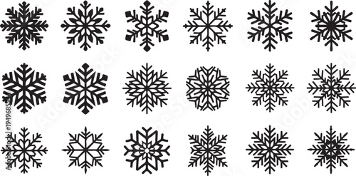Collection of unique black snowflakes on white background