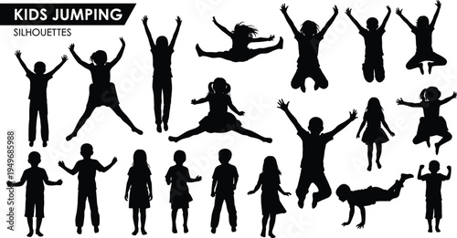 Kids jumping silhouettes collection showing happy children jumping playing and celebrating active childhood fun isolated on white background playful vector illustration set
