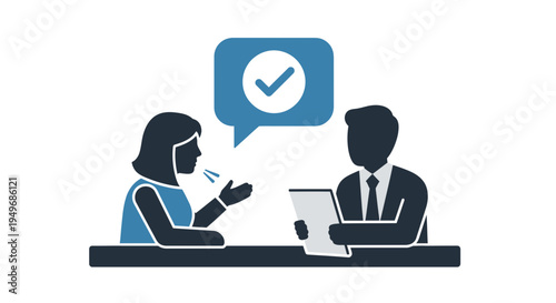 Interview illustration two people communicate with checkmark symbol