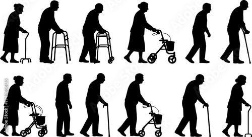 Elderly people using walking aid silhouette set collection. Senior pensioner people walking with walking aids vector silhouette.
