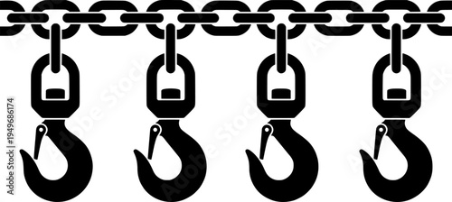 Industrial-style meat hooks hanging in a row in monochrome design
