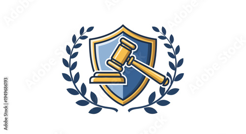 Legal shield concept illustration with gavel and laurel wreath on white background