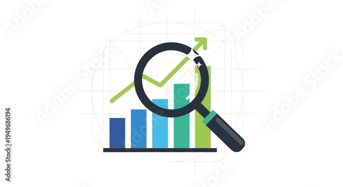 Magnifying glass over chart showing growth and progress with rising arrow