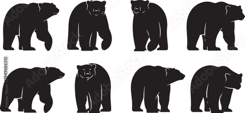 Collection of black bear silhouettes in various poses walking