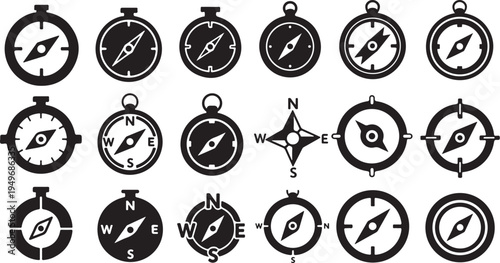Collection of various compass icons and navigation symbols