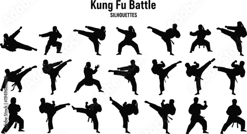 Kung fu battle silhouettes collection showing martial artists fighting with kicks and punches isolated on white background martial arts action vector illustration set