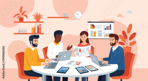 Four diverse colleagues collaborate around a meeting table with laptops and documents, in an office adorned with plants, books, and charts.