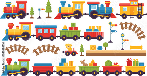 Colorful toy train vector set featuring steam locomotives cargo wagons tracks and railway signals for children nursery decor and kids play area design