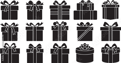 Collection of black gift boxes with ribbons and bows