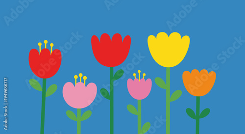 A vibrant arrangement of simple, colourful graphic flowers blooming against a cheerful blue background, celebrating nature's beauty and the freshness of spring with playful charm