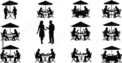People dining at outdoor cafe silhouettes, couples and friends talking and drinking at restaurant tables with umbrella, social meeting and cafe lifestyle set isolated on white