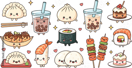 Cute Japanese food and boba tea character collection featuring sushi dim sum takoyaki and bubble milk tea for restaurant menus and kawaii sticker design