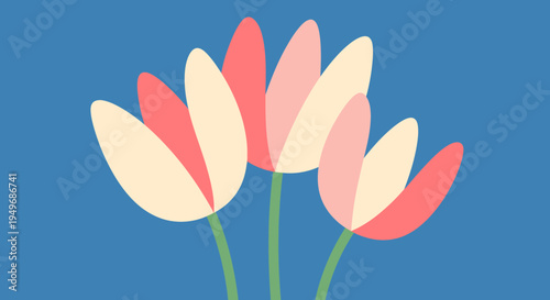 Stylized three-flower illustration in soft pink, peach, and cream hues on a serene blue backdrop, perfect for elegant spring designs and cheerful celebratory greeting cards