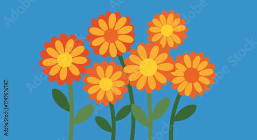 A vibrant bunch of orange marigold flowers standing tall against a clear blue sky, perfect for spring and summer illustrations