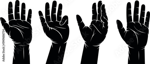 Black human hand silhouettes set, open palms and reaching gestures collection, body parts, and anatomy elements