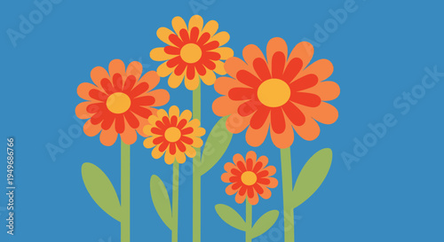 A vibrant illustration featuring a bouquet of bright orange and yellow flowers against a solid blue background, evoking a sense of cheerfulness and nature's beauty