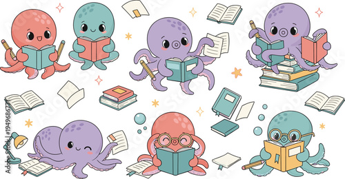 Cute octopus character collection reading books and studying with glasses and pencils for school library education and nursery wall art design