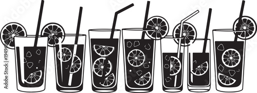 Black and White Illustration of Citrus Cocktails with Straws