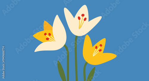 Whimsical Blue Background With Three Delicate Yellow and White Spring Flower Illustrations