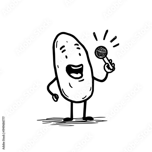 Cartoon potato character happily singing into a microphone with expressive lines