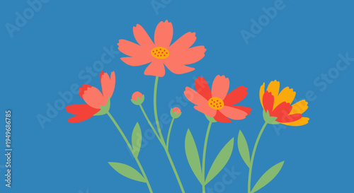 A vibrant illustration of a cluster of red and yellow flower blooms against a solid blue background, evoking a sense of natural beauty