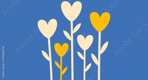 A cheerful illustration of stylized heart-shaped flowers blooming in vibrant yellow and soft cream against a serene blue background, symbolizing growth and affection
