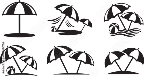 Beach Umbrella Icons in Various Weather Conditions Silhouette Style