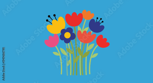 A vibrant bouquet of stylized cartoon flower illustrations blooming beautifully against a serene blue background, perfect for cheerful graphic designs, bringing a touch of happiness and natural beauty