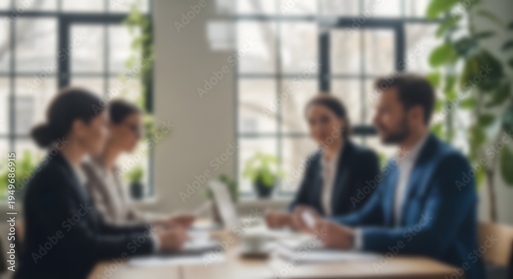 Fototapeta premium Blurred business meeting with professionals discussing work at table in modern office with laptop documents teamwork workplace background