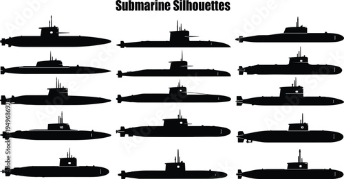 Submarine silhouettes collection showing different naval underwater military submarines isolated on white background navy fleet marine defense vehicle vector illustration set