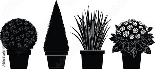 Potted houseplant silhouette collection with decorative indoor plants, flower bush, grass and topiary in pots, minimal botanical vector set isolated on white background