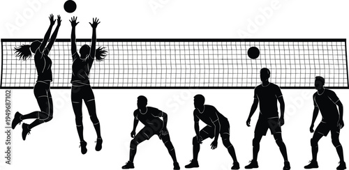 Volleyball players silhouette set jumping and blocking at net, men and women playing volleyball match action poses isolated vector illustration for sports design