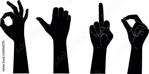 Human hand silhouettes set, okay gesture, pointing finger, thumbs up and counting signs, and communication symbols