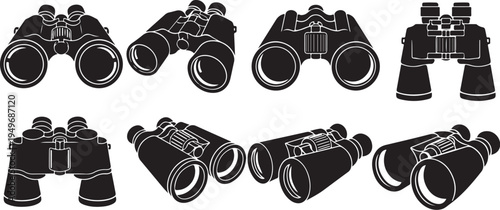Collection of binoculars in various positions and angles illustration
