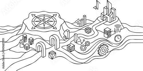 Isometric line art vector of business roadmap, strategy compass and tech city journey