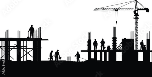 Construction workers silhouette, tower crane lifting materials at building site, civil engineering teamwork shaping urban infrastructure development project skyline