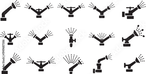 Various Black Sprinkler Icons on White Background Illustration Set