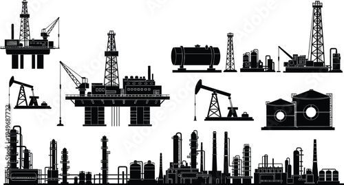Industrial oil rig silhouette set featuring offshore platforms, petroleum pumpjacks, refinery towers, fuel storage tanks, and gas drilling station engineering.