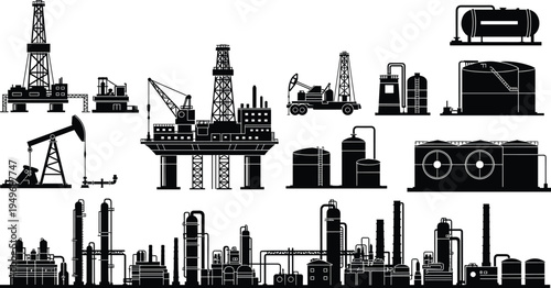 Industrial oil rig silhouette set featuring offshore platforms, petroleum pumpjacks, refinery towers, fuel storage tanks, gas drilling stations, and engineering.